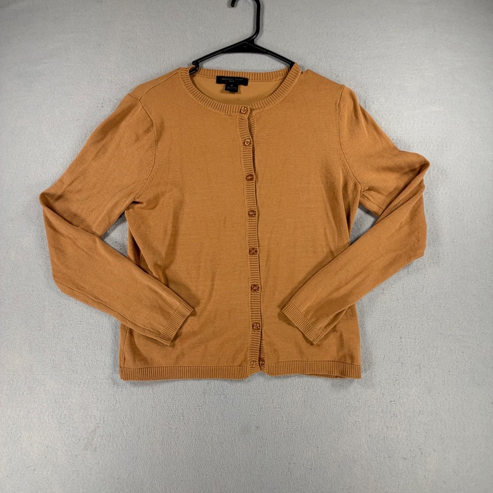 August Silk Cardigan Sweater Women Medium Tan Brown Button Front Fine Knit Soft